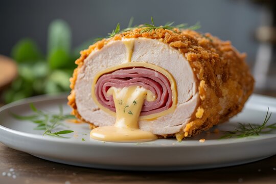 Sliced chicken roll stuffed with ham and melted cheese on a plate