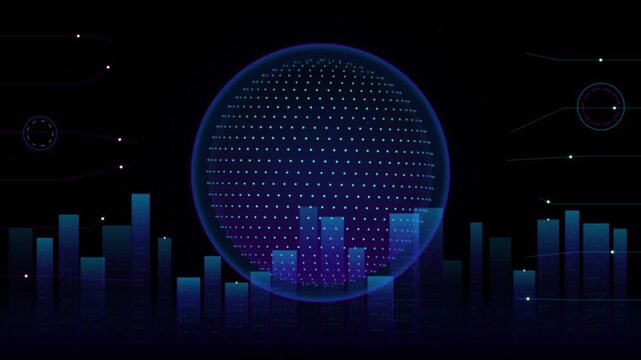 Futuristic Smart City Skyline with Digital Earth Globe and HUD Elements