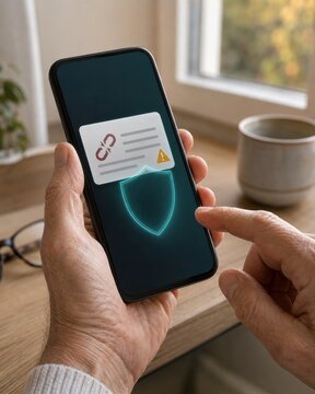 Older Adult Holding a Smartphone with Phishing Link Warning and Digital Security Shield. AI generative