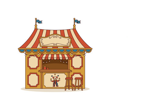 Striped circus tent kiosk with a juggling clown and stools