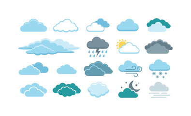 Fototapeta premium Collection of diverse weather icons featuring clouds and atmospheric phenomena