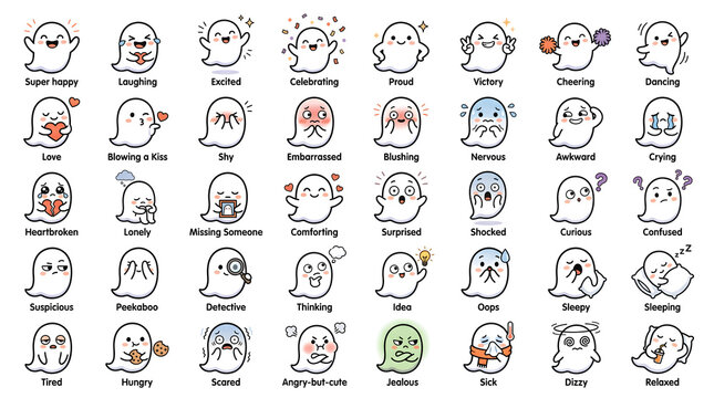 Cute ghost emoji expression icons vector illustration, big set of funny cartoon ghosts with various emotional feelings like happy, sad, angry, shocked, and sleepy isolated on white background