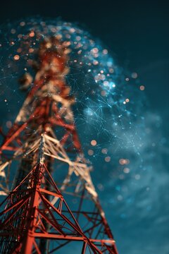Telecommunication tower with digital network overlay against a deep blue sky
