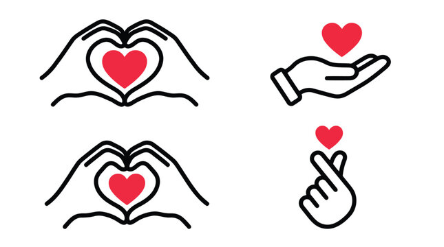 Set of hand gestures forming heart shapes and holding a heart icon