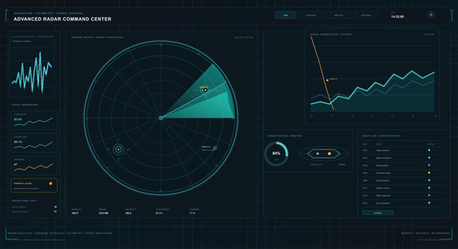 Digital radar display screen showing complex data analysis during mission control operations with glowing interface elements