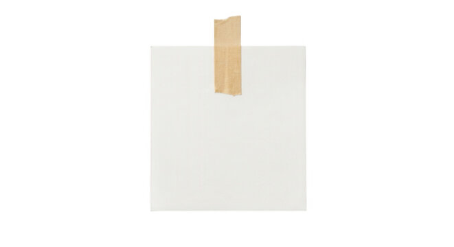 Single blank square white note paper secured with masking tape isolated on transparent background for quick reminders