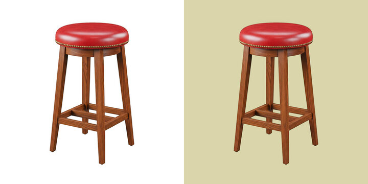 Classic wooden bar stool with red leather seat for kitchen and restaurant