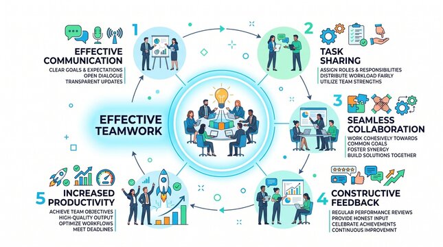 Effective teamwork infographic showing business collaboration and productivity strategies