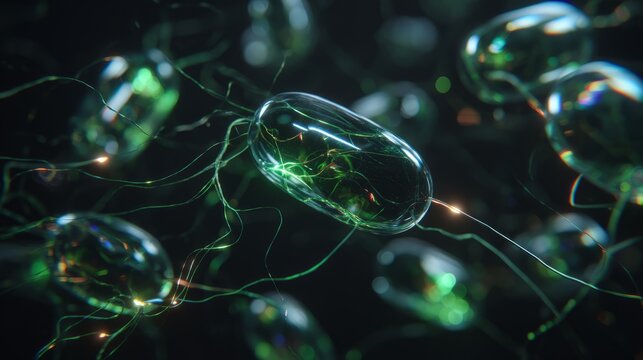 Transparent glass capsules interconnected with glowing green wires. Connected objects network and internet of things data synchronization. Futuristic communication technology and smart system concept