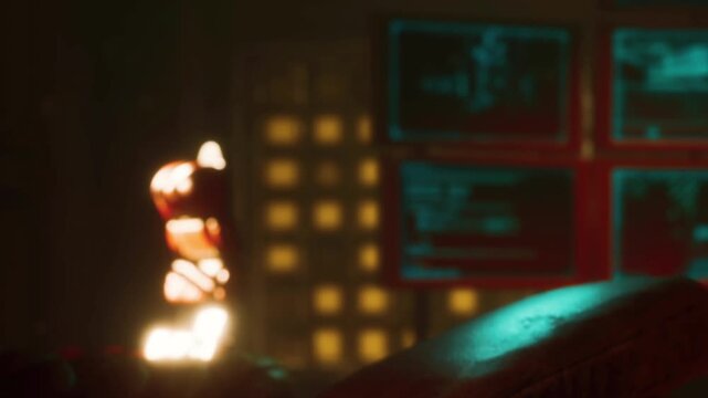 A figure stands in a dimly lit room filled with soft colors. The lighting creates shadows and highlights around the space. The atmosphere hints at a mysterious activity occurring.
