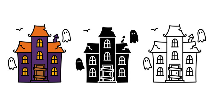 Set of three haunted house with ghosts, including colored, silhouette, and outline versions for festive decorations and autumn party invitation cards.