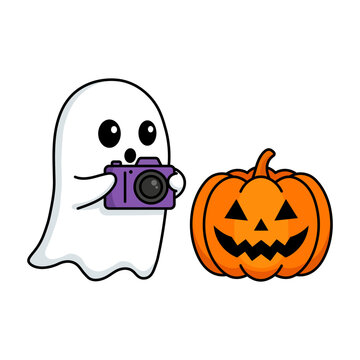 Adorable cartoon ghost holding purple camera taking photo of smiling orange pumpkin jack o lantern vector element on transparent backdrop.