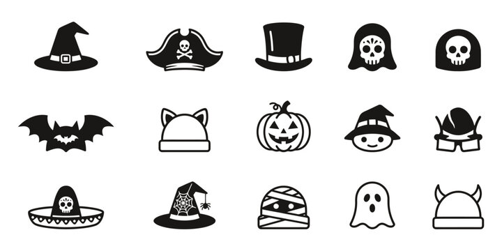 Halloween theme vector line icons set containing festive spooky hats skull mask bat pumpkin mummy and ghost on checkered background.