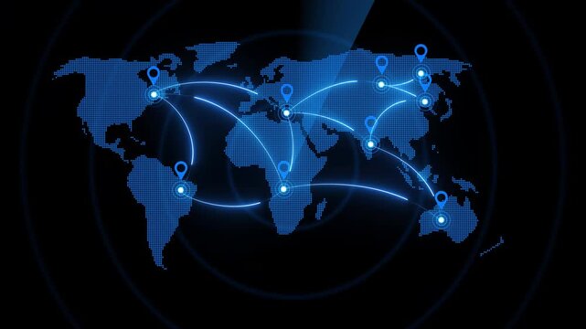 Macro close-up view of a futuristic digital networking grid and data transmission nodes on a world map.
