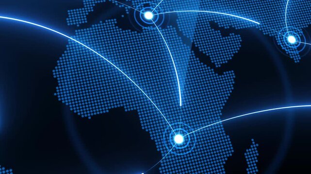Macro close-up view of a futuristic digital networking grid and data transmission nodes on a world map.