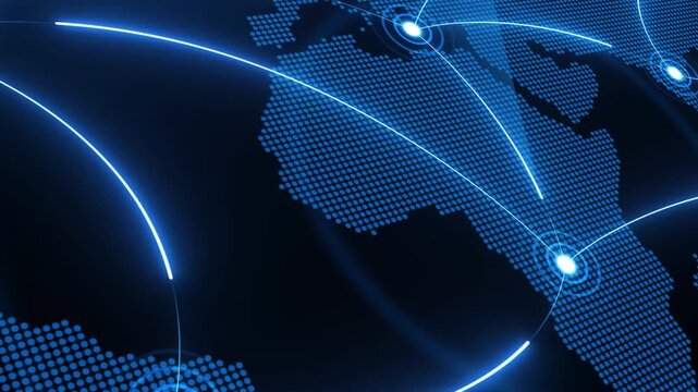 Macro close-up view of a futuristic digital networking grid and data transmission nodes on a world map.