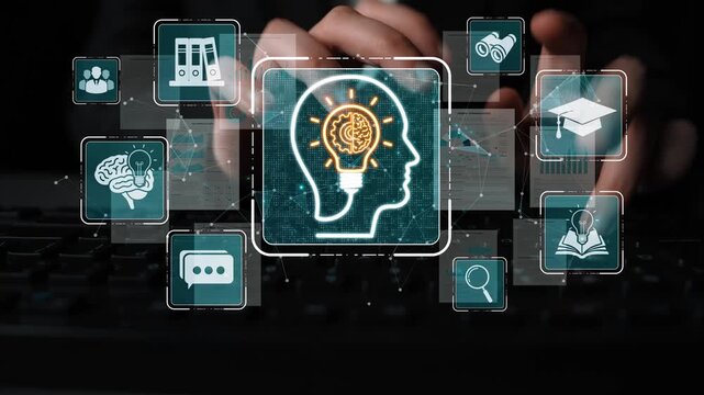 Conceptual image depicting the intersection of technology and knowledge, featuring icons of education, innovation, and digital communication against a modern backdrop Sigmoid