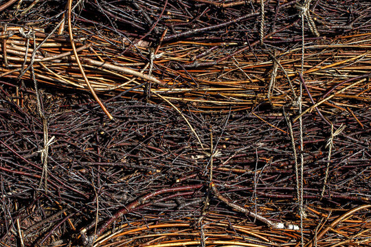 Tied twig bundle texture. Dry brushwood stack pattern. Natural branch background. Bound sticks macro. Rustic wood faggot layout. Intertwined twigs backdrop. Forest brushwood pattern. Tied branch