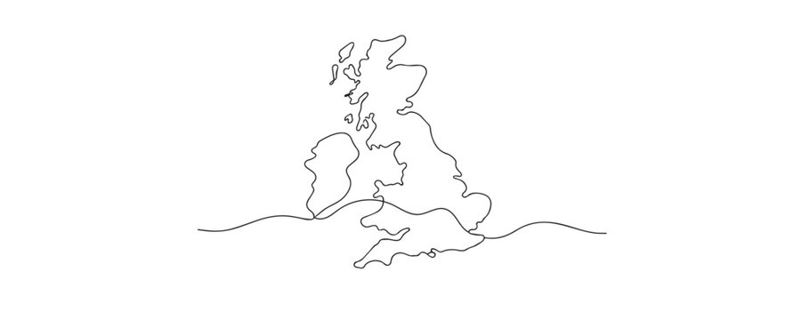 Single line drawing of a blank map of the United Kingdom. Continuous line drawing showing its distinctive island geography for education, travel, and cartographic applications.