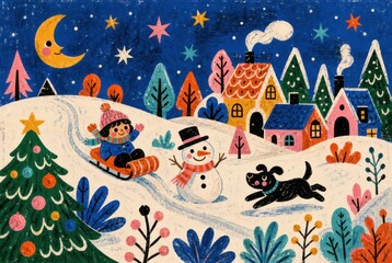 Naklejka premium Whimsical winter scene with sledding and snowman.