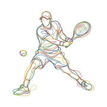 PNG Colorful line art of tennis player in action.