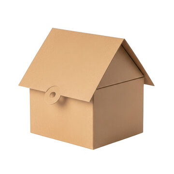 Small cardboard house shaped box with roof isolated on transparent background for sustainable packaging concept