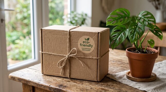 A brown kraft cardboard gift box tied with natural twine and marked with an "eco-friendly" sticker.