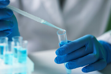 Fototapeta premium Laboratory worker dripping liquid into test tube at white table indoors, closeup
