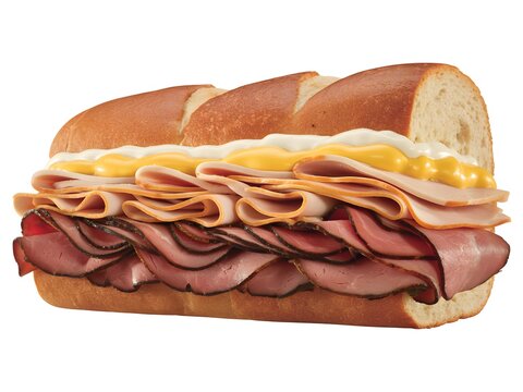 Submarine sandwich filled with deli meats cheese and mustard on fresh bread