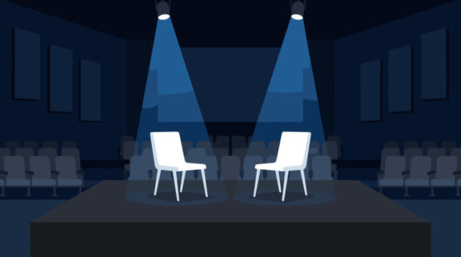 Two empty chairs on stage under spotlights in a dark theater auditorium