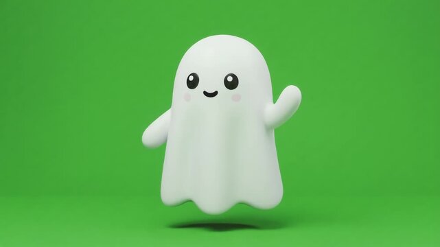 Cute ghost character waving on green screen