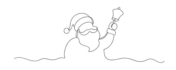 Fototapeta premium Single line drawing of Santa Claus holding a bell. Continuous line drawing showing a cheerful Santa carrying a Christmas bell for festive holiday celebrations and traditions.