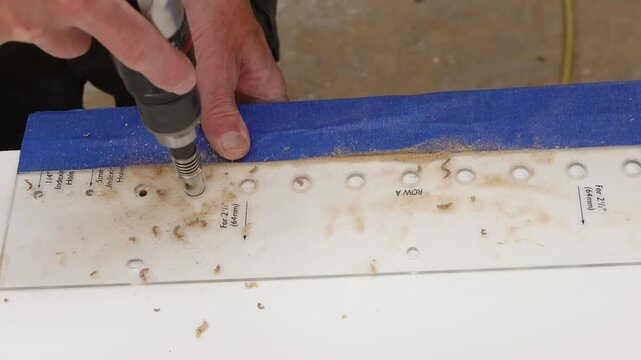 Side view of pneumatic drill boring shelf pin holes through polycarbonate drilling jig into white laminate cabinet material.