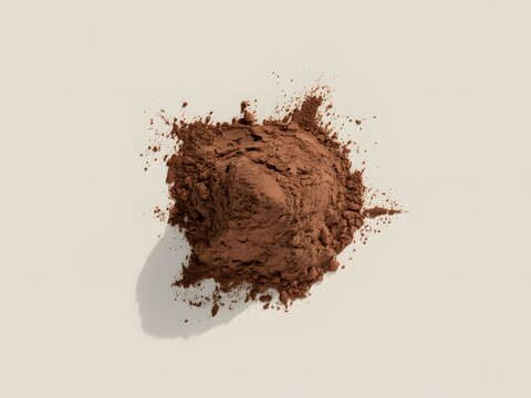 A heap of brown cocoa powder resting on a light neutral surface background