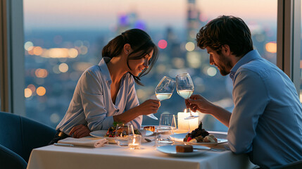 Fototapeta premium Young couple dining at a restaurant with a panoramic city skyline view, romantic date, modern lifestyle, food and travel concept, with copy space