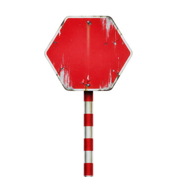 Old weathered red hexagonal stop sign on pole isolated on transparent background for vintage road infrastructure