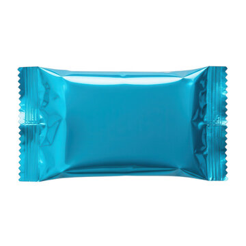 Shiny blue metallic snack wrapper cutout on transparent background for food and confectionery packaging mockups