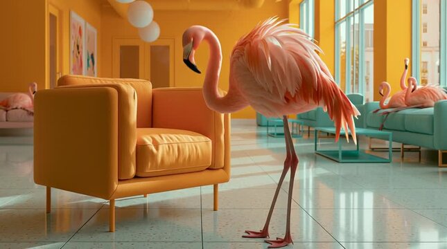 Ultra-realistic vibrant interior photograph of a tall pink flamingo carefully examining a modern orange armchair inside a colorful contemporary furniture showroom, other flamingos casually sitting on 