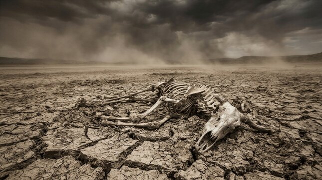 Animal skeleton decaying on cracked dry desert plain