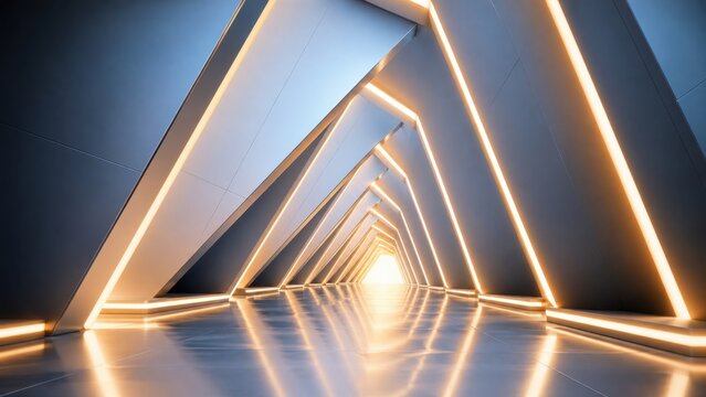 Futuristic architectural tunnel background with warm neon lighting and geometric perspective design. Concept of neon corridor, sci-fi background, modern architecture, perspective hallway.