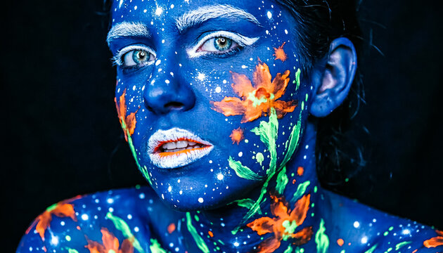 Artistic blue body paint with galaxy stars and orange flowers, creative makeup on woman face, celestial fantasy portrait