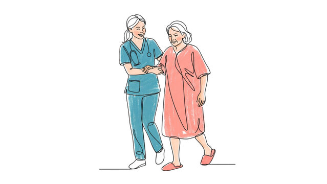 Continuous Line Art Female Nurse Helping Female Patient Walk, Healthcare Support Vector Illustration