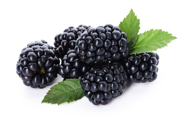 Pile of ripe blackberries and leaves isolated on white © New Africa
