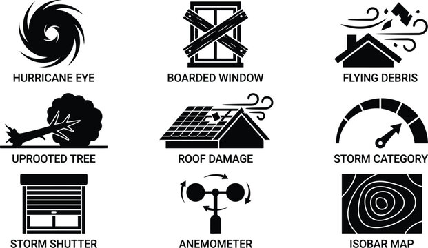 Severe weather icons set depicting hurricane eye boarded window flying debris uprooted tree roof damage and wind sensors
