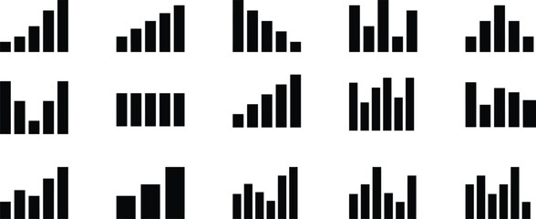 Obraz premium Set of fifteen diverse black bar charts representing various data trends and statistical analysis on white background