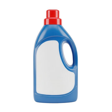 Blue laundry detergent bottle with blank label isolated on transparent background for home cleaning product branding
