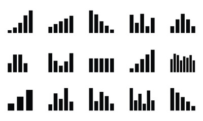 Obraz premium Set of fifteen black and white bar chart icons representing various data growth and decline trends