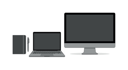 Fototapeta premium Modern workstation setup with laptop, desktop monitor, and notebook