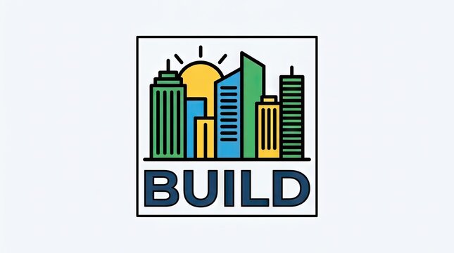 Colorful urban city skyline building logo with text.