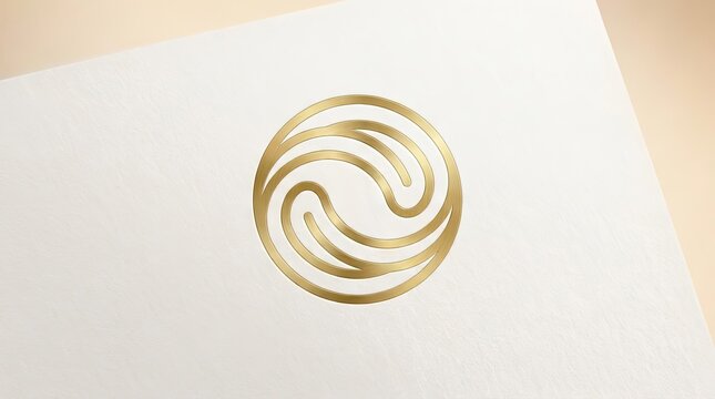 Golden circular swirl logo embossed on white paper